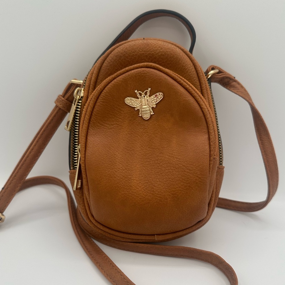 Mini Cognac Faux Leather Crossbody Bag with Gold Bee Accent ❤️